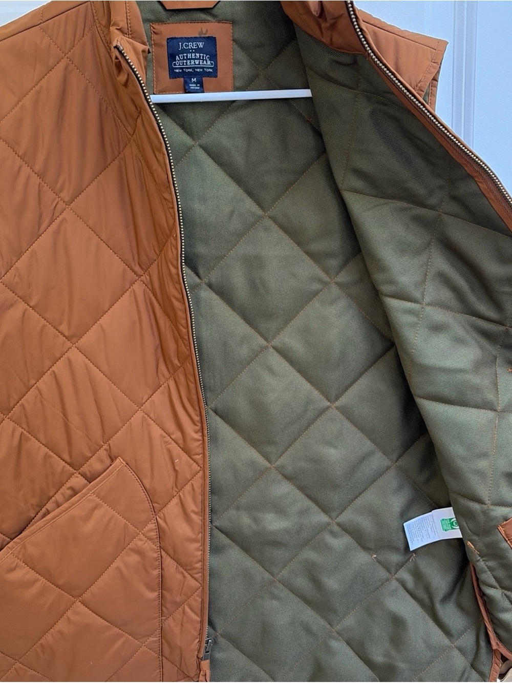 J. Crew Quilted Shirt Jacket in Rust Orange with Olive Lining